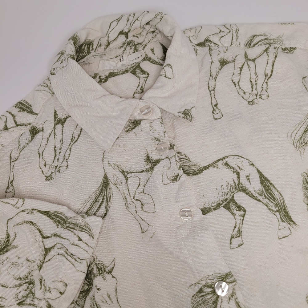 Jane + Delancey Button Up Shirt Womens Small Cream Green Horse Print‎ Excellent